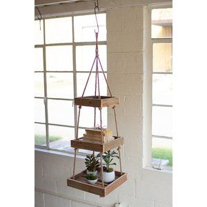 hanging three tiered square recycled wood display with jute rope NWT